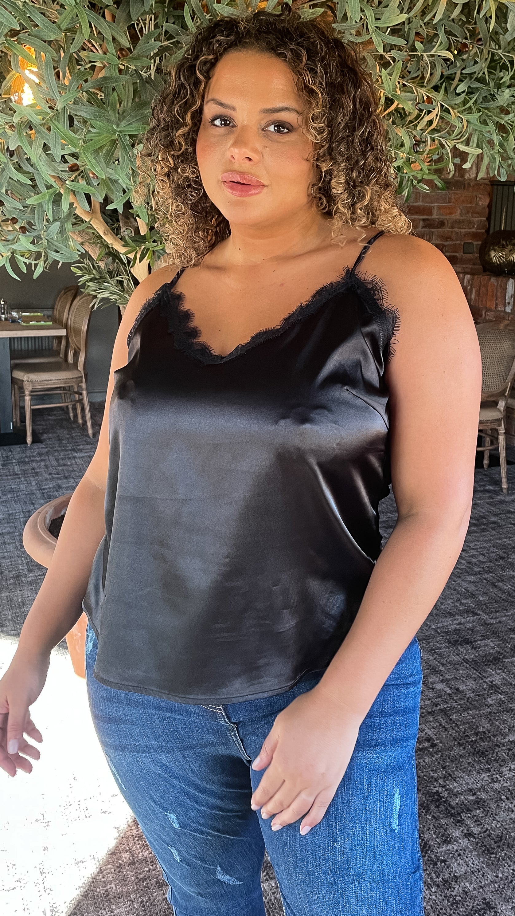 CurveWow Lace Trim Satin Cami Black