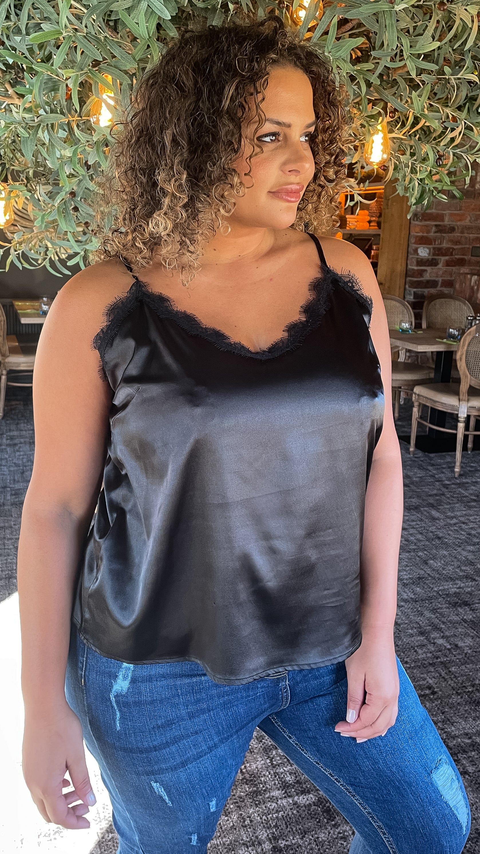 CurveWow Lace Trim Satin Cami Black