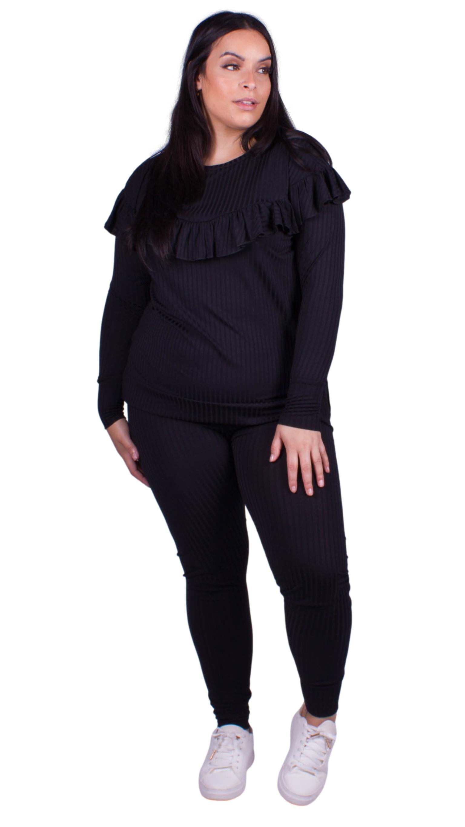 CurveWow Ribbed Frill Lounge Top Black