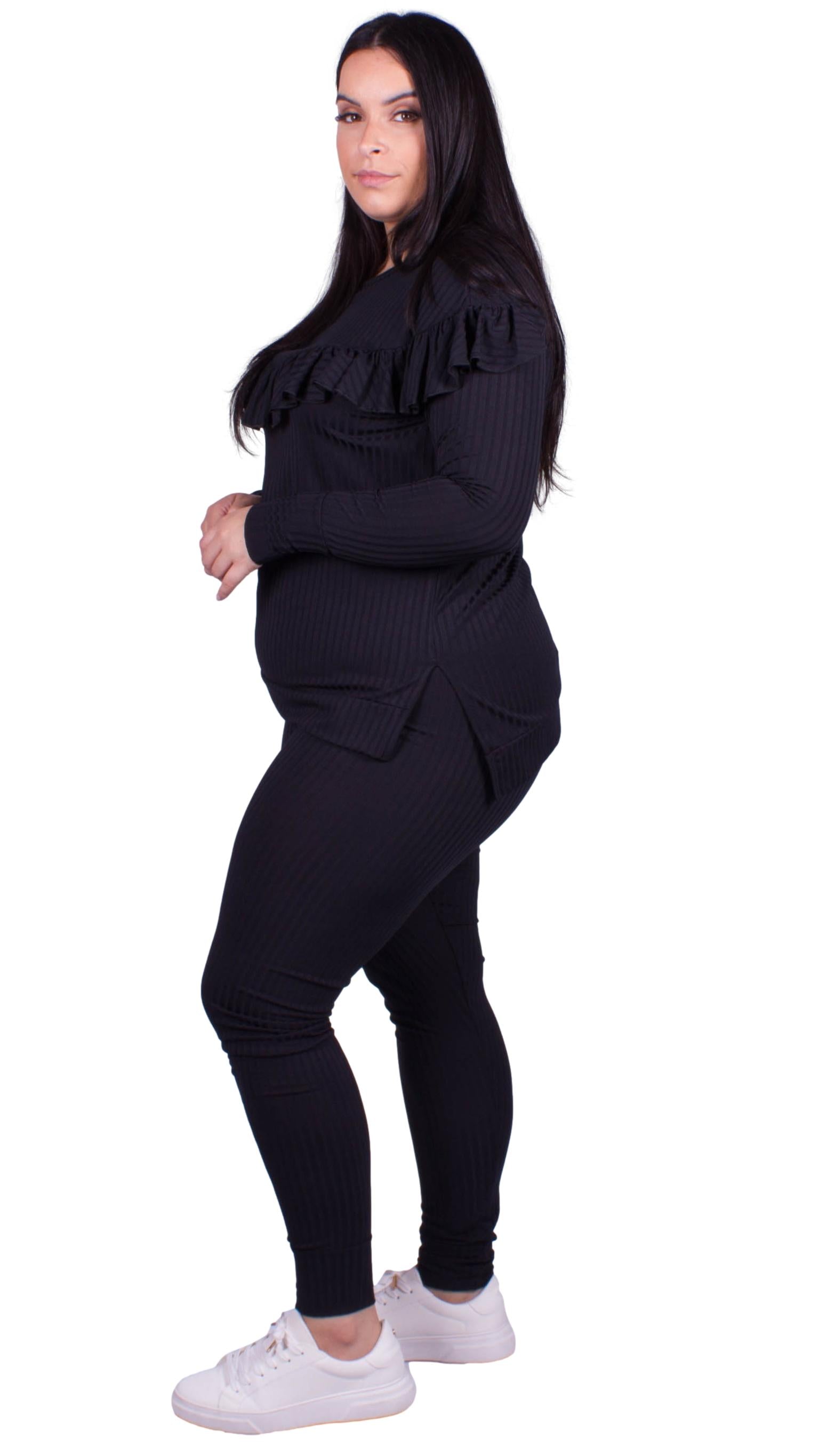 CurveWow Ribbed Frill Lounge Top Black