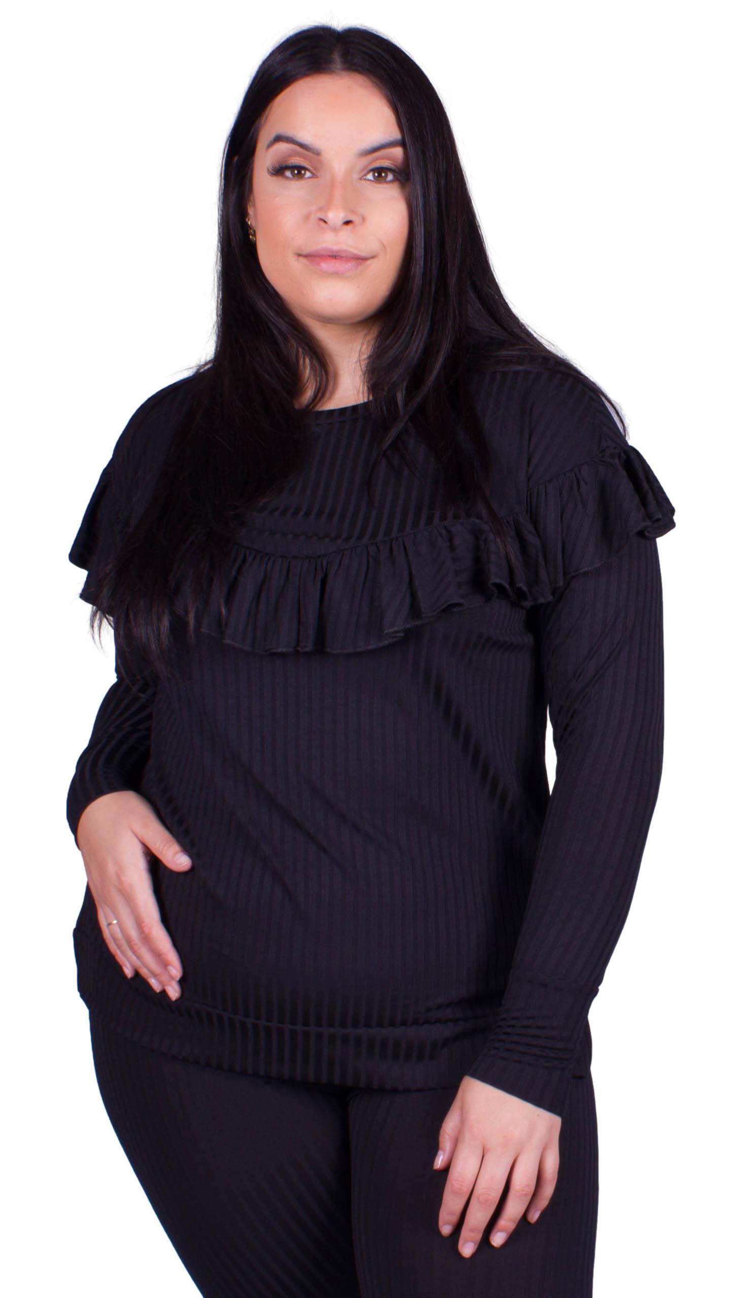 CurveWow Ribbed Frill Lounge Top Black