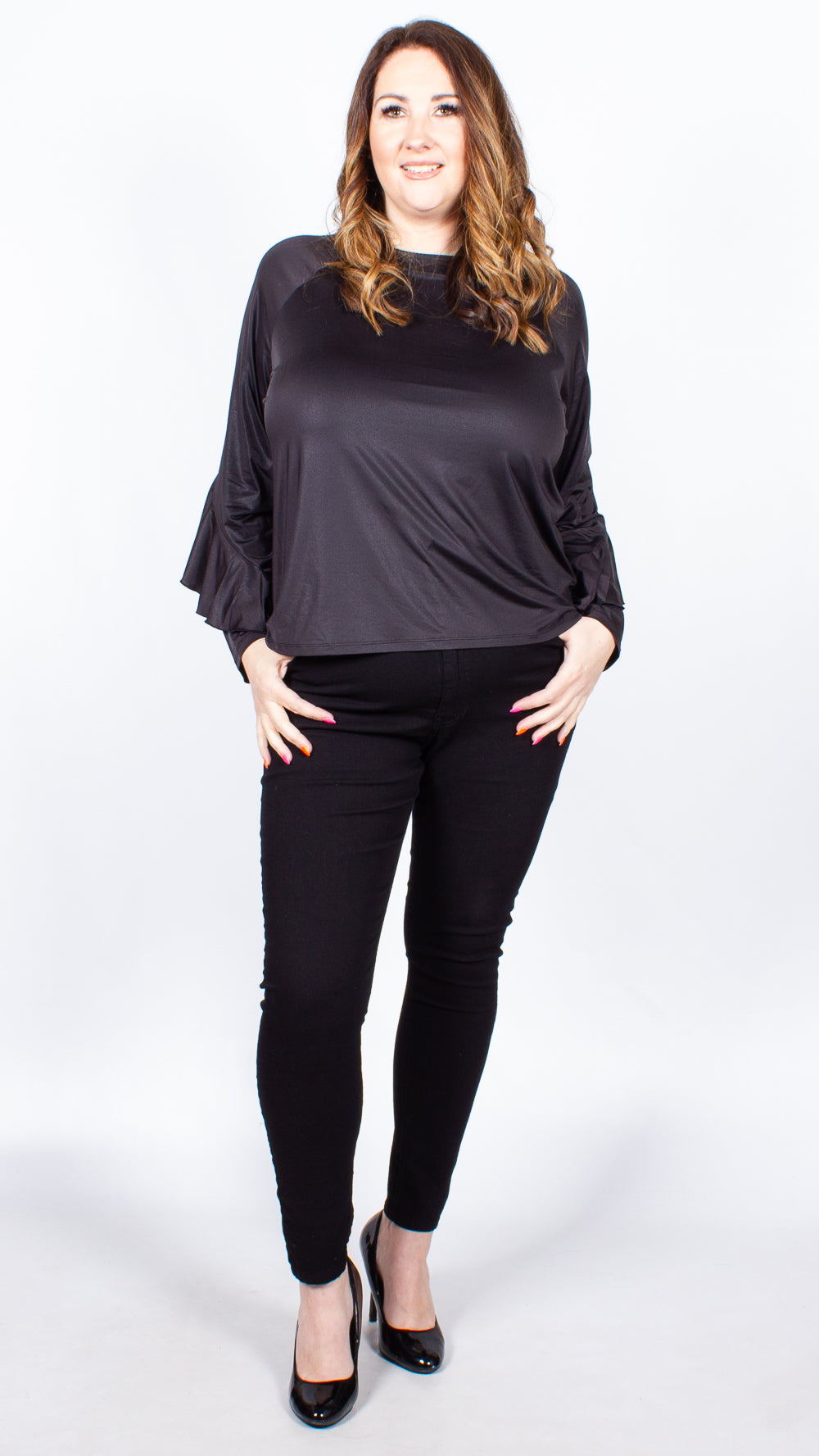 Jaimee Frill Long Sleeve Black Top