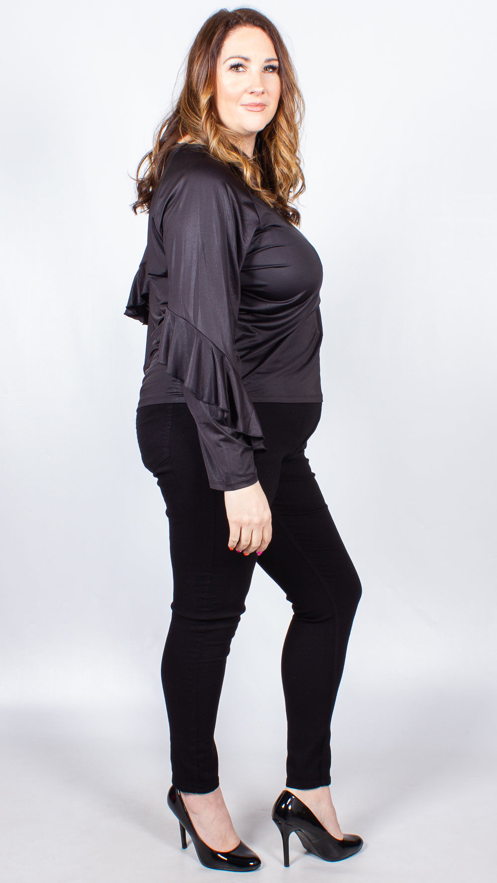 Jaimee Frill Long Sleeve Black Top