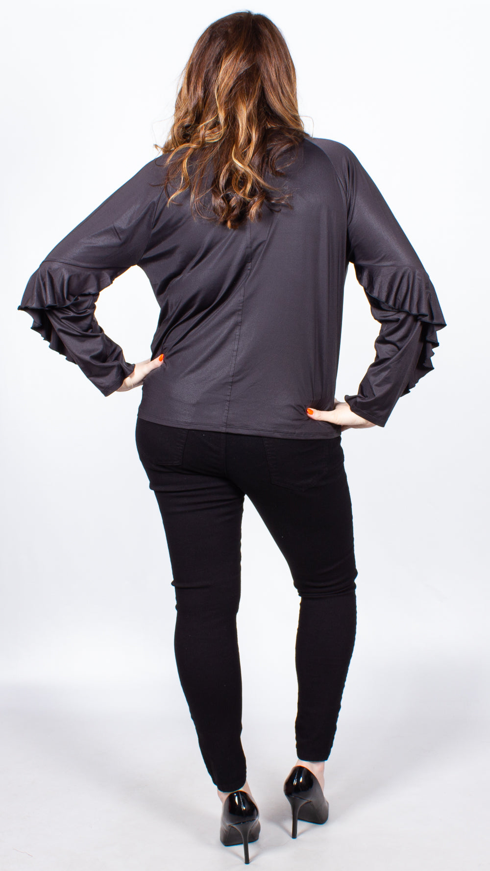 Jaimee Frill Long Sleeve Black Top