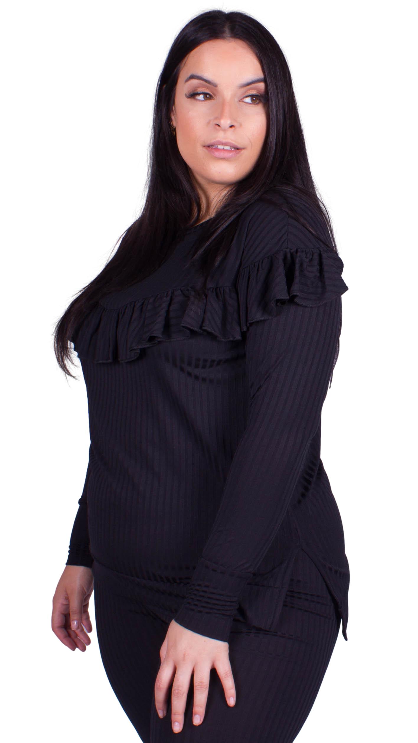 CurveWow Ribbed Frill Lounge Top Black