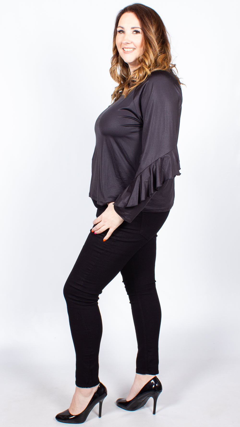 Jaimee Frill Long Sleeve Black Top