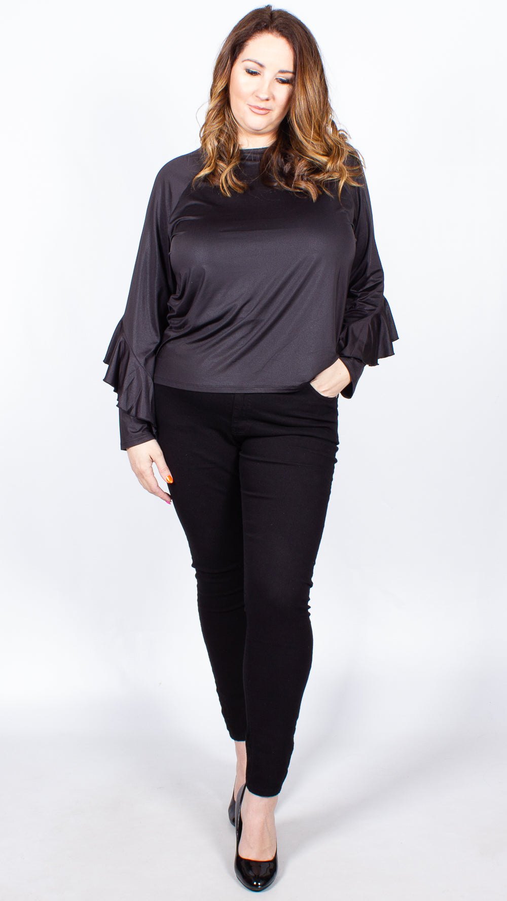 Jaimee Frill Long Sleeve Black Top