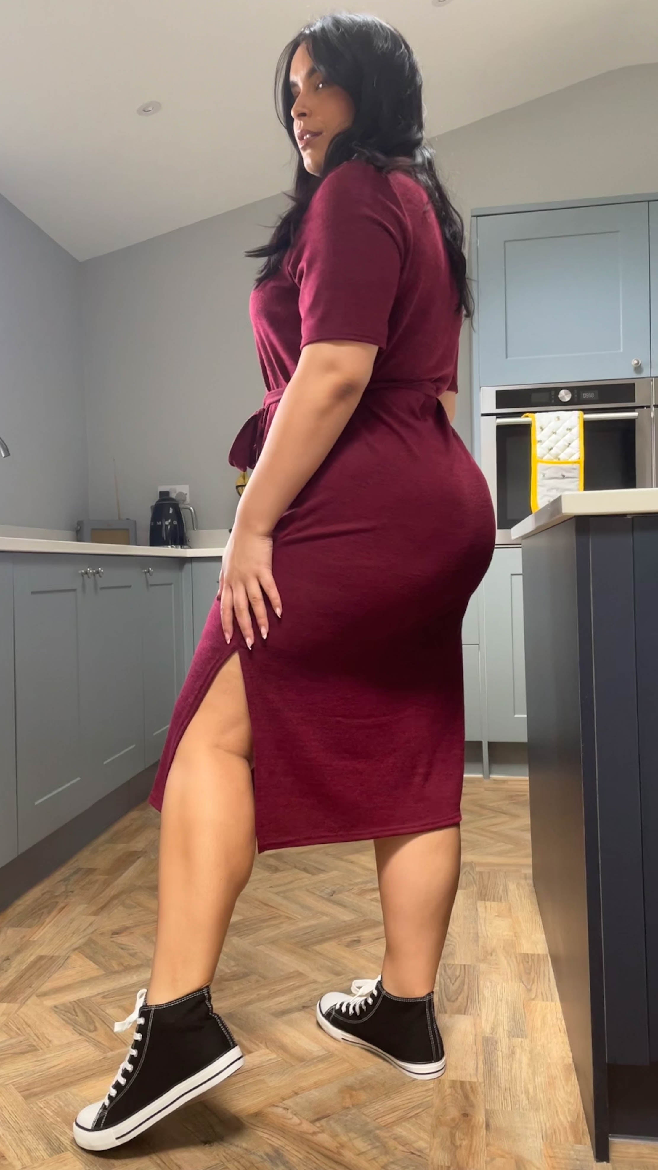 CurveWow Tie Waist Knit Dress Wine