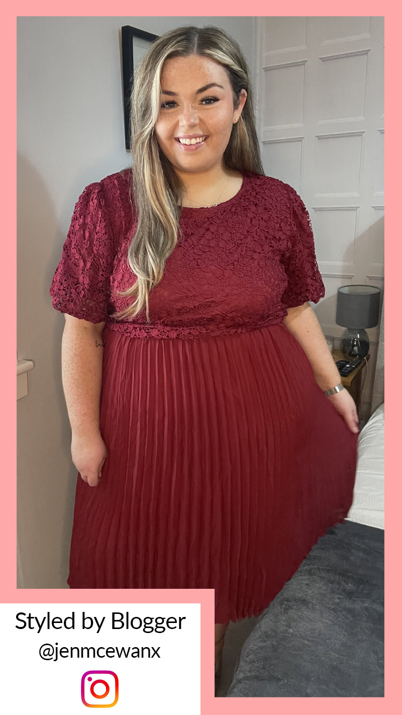 CurveWow Lace Top Pleated Dress Wine