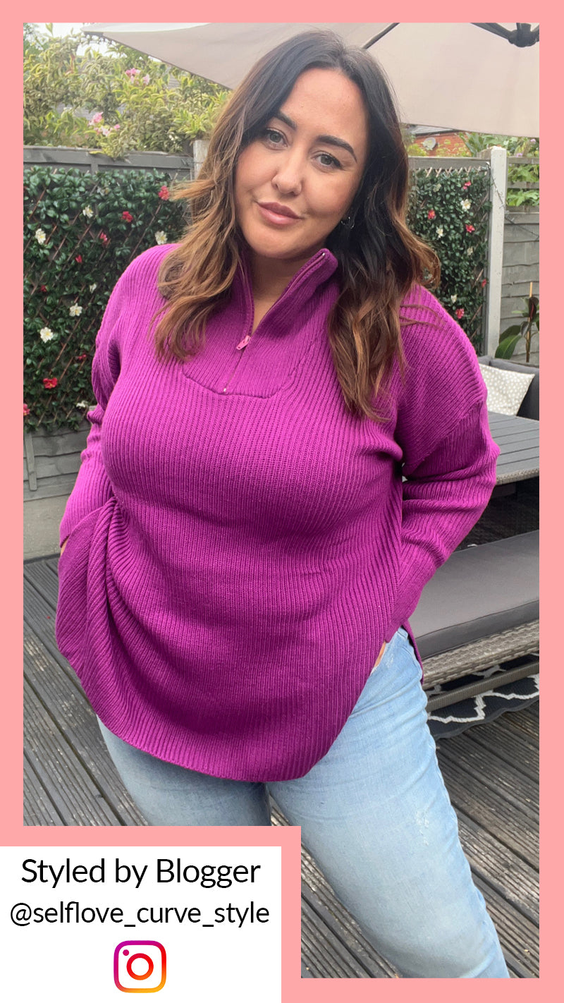 CurveWow Zip Collar Knitted Jumper Purple