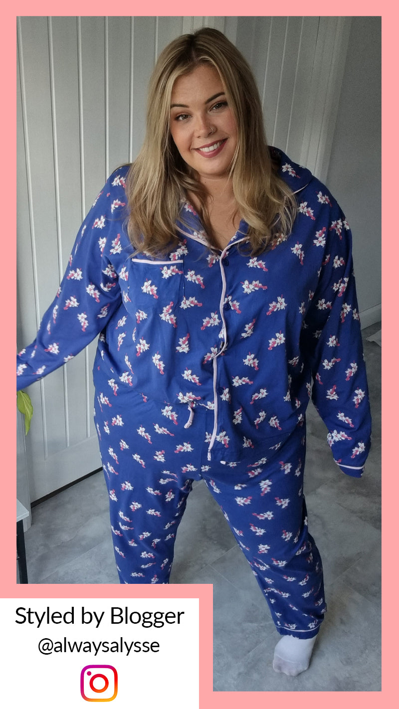 CurveWow Long Sleeve PJ Set Navy With Pink Floral