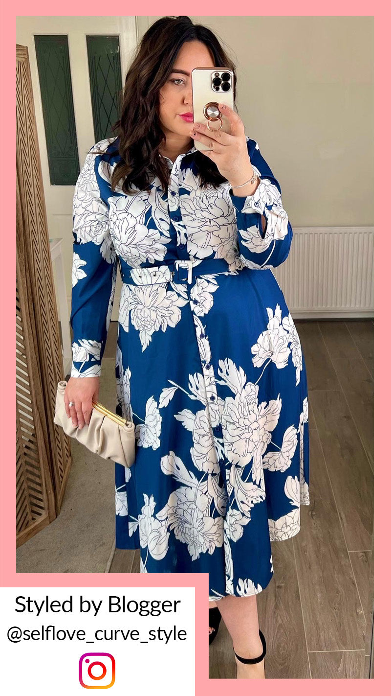 CurveWow Belted Shirt Dress Navy Floral