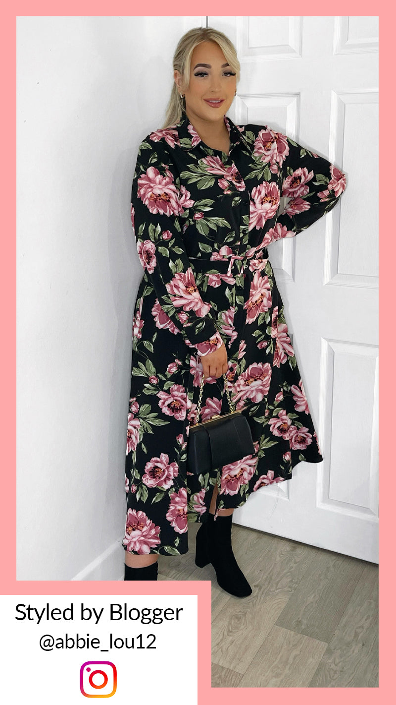 CurveWow Belted Shirt Dress Black Floral
