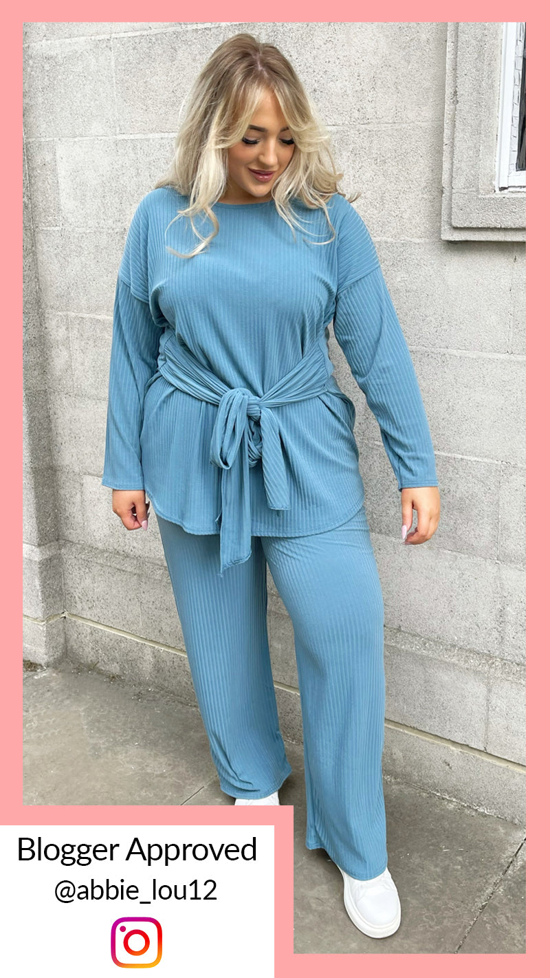 CurveWow Ribbed Tie Waist Lounge Top Blue