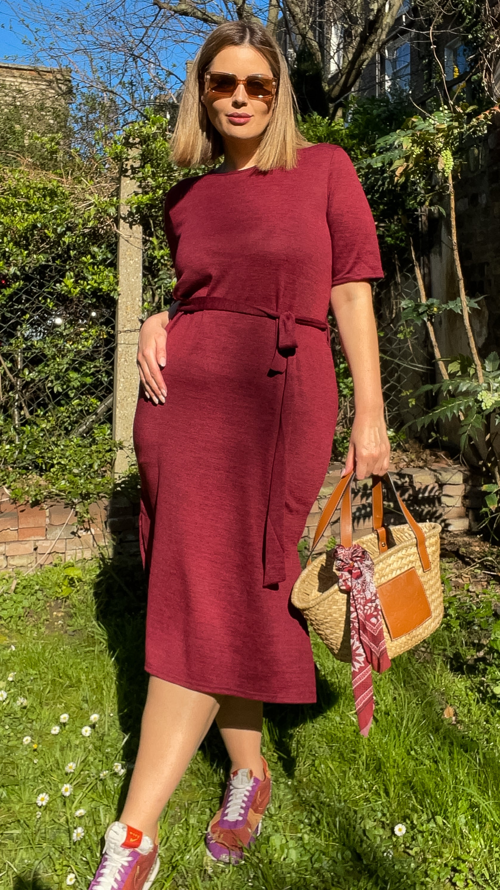 CurveWow Tie Waist Knit Dress Wine