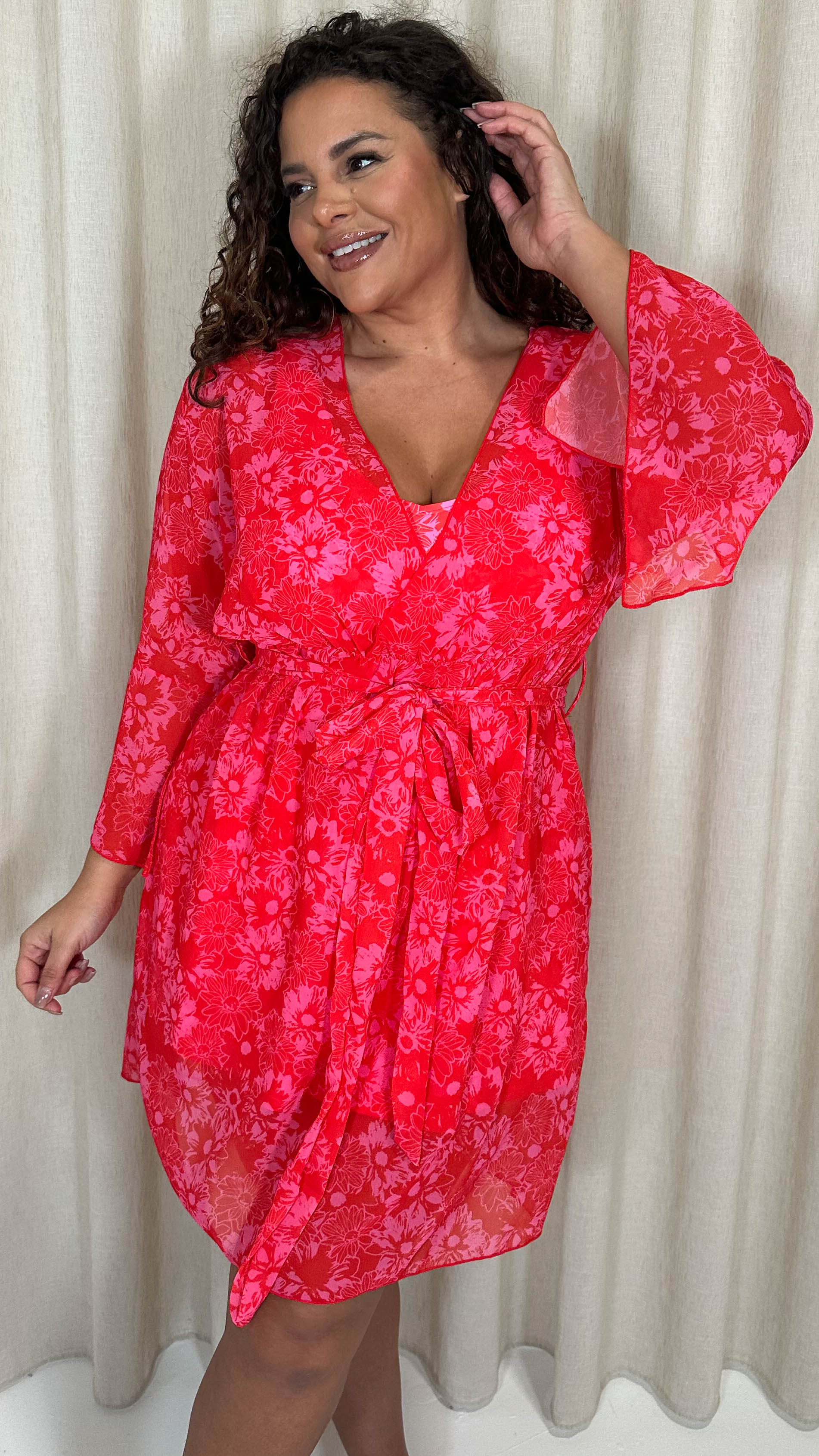 CurveWow Printed Mini Beach Kaftan Red Floral