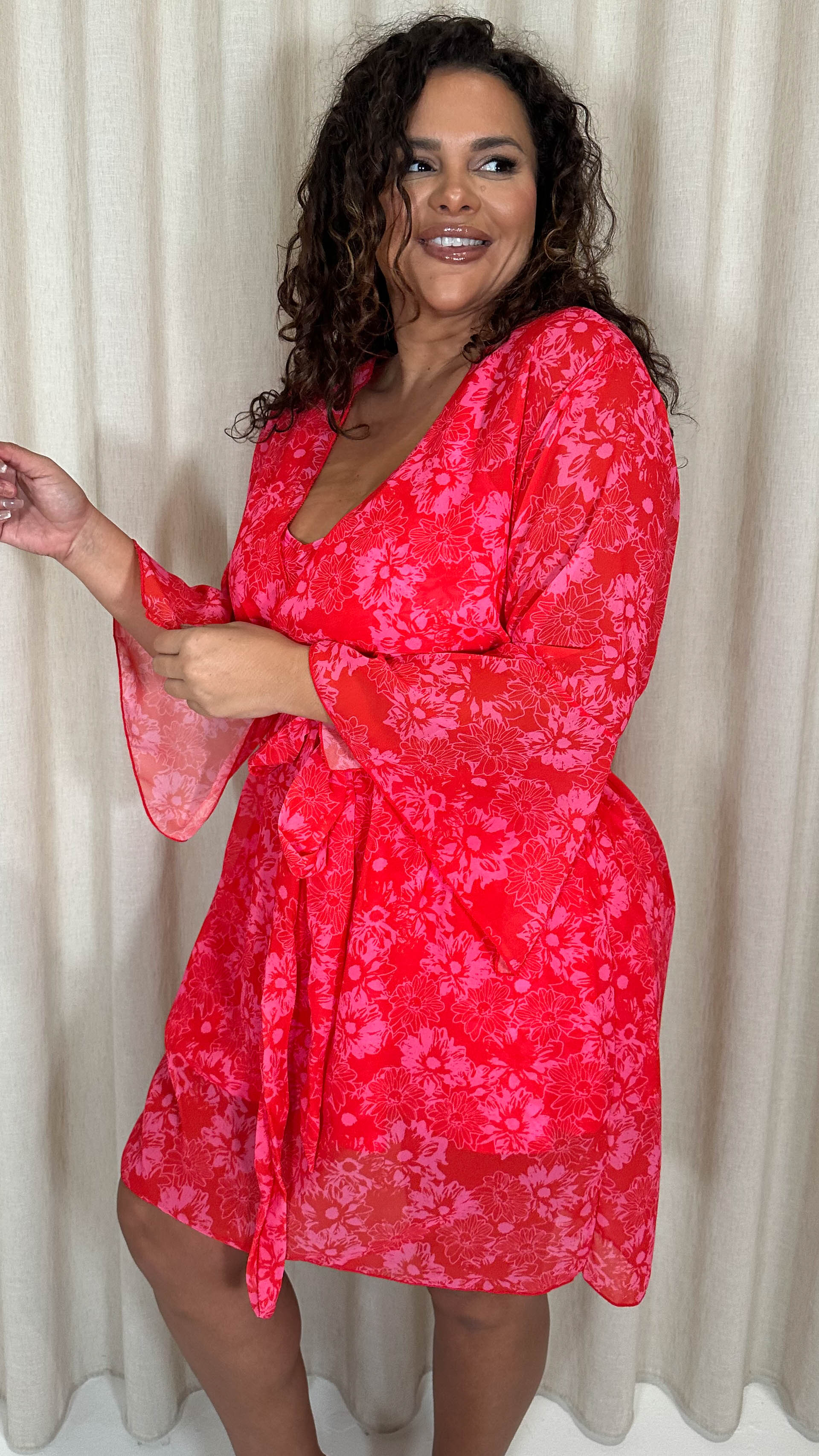 CurveWow Printed Mini Beach Kaftan Red Floral