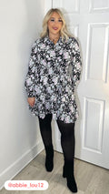 CurveWow Long Sleeve Button Front Frill Dress Black Floral