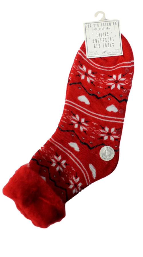 Supersoft Fairisle Design Bed Socks With Gripper Red