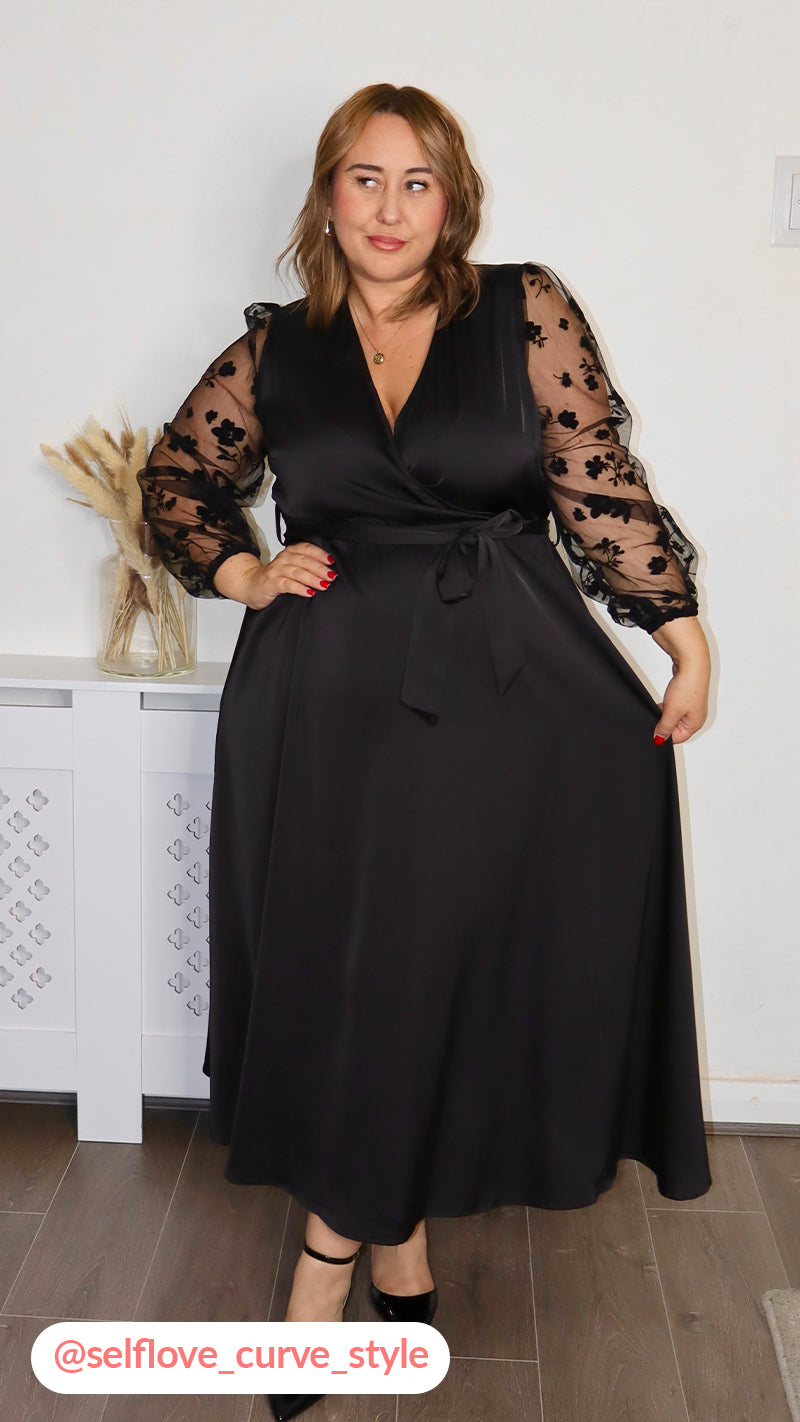 CurveWow Mesh Detail Wrap Midaxi Dress Black