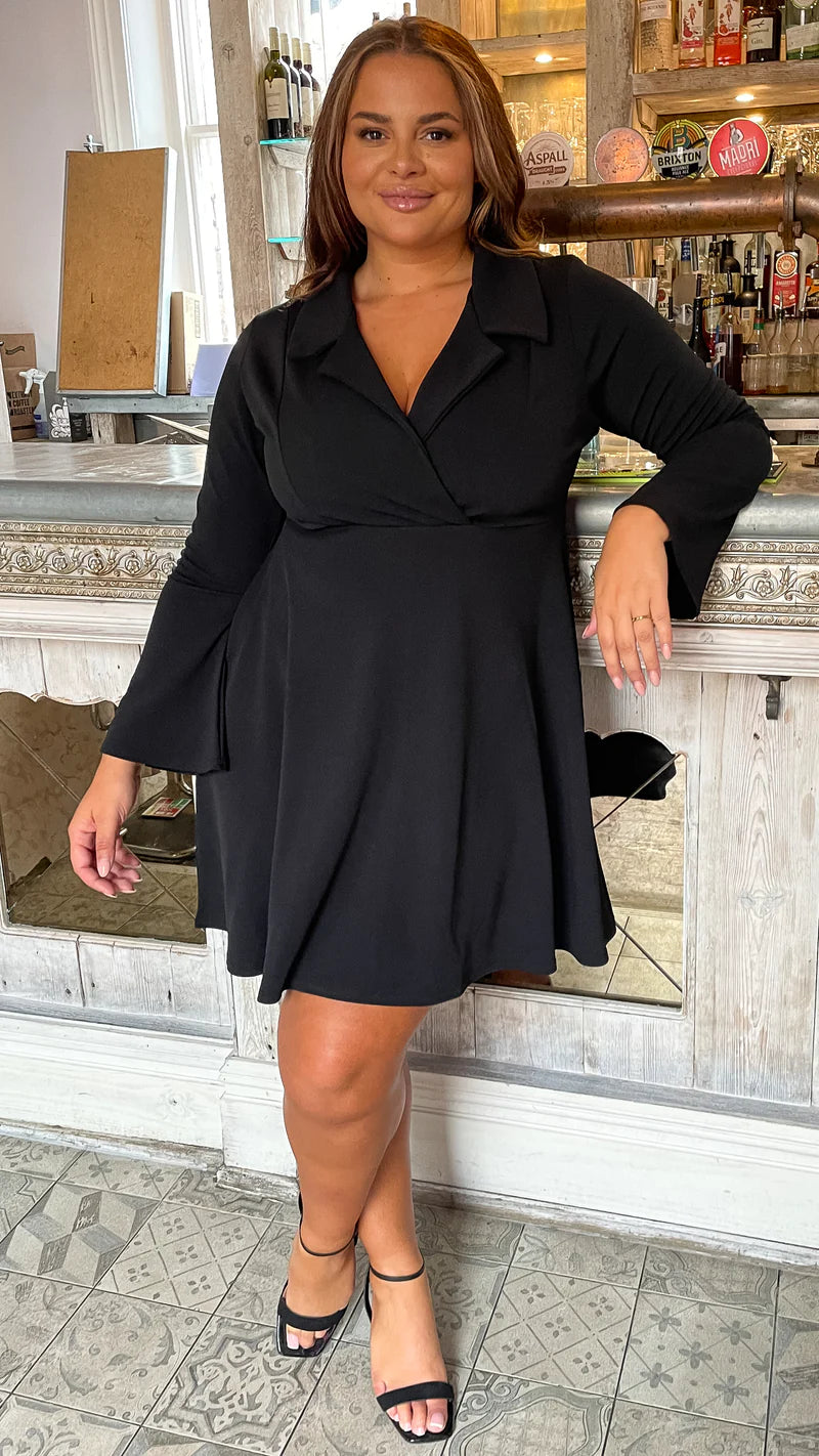 CurveWow Petite Blazer Collar Skater Dress Black Curvewow CurveWow Petite Blazer Collar Skater Dress Black Curvewow