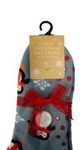 Christmas Design Bed Brushed Socks With Gripper Grey