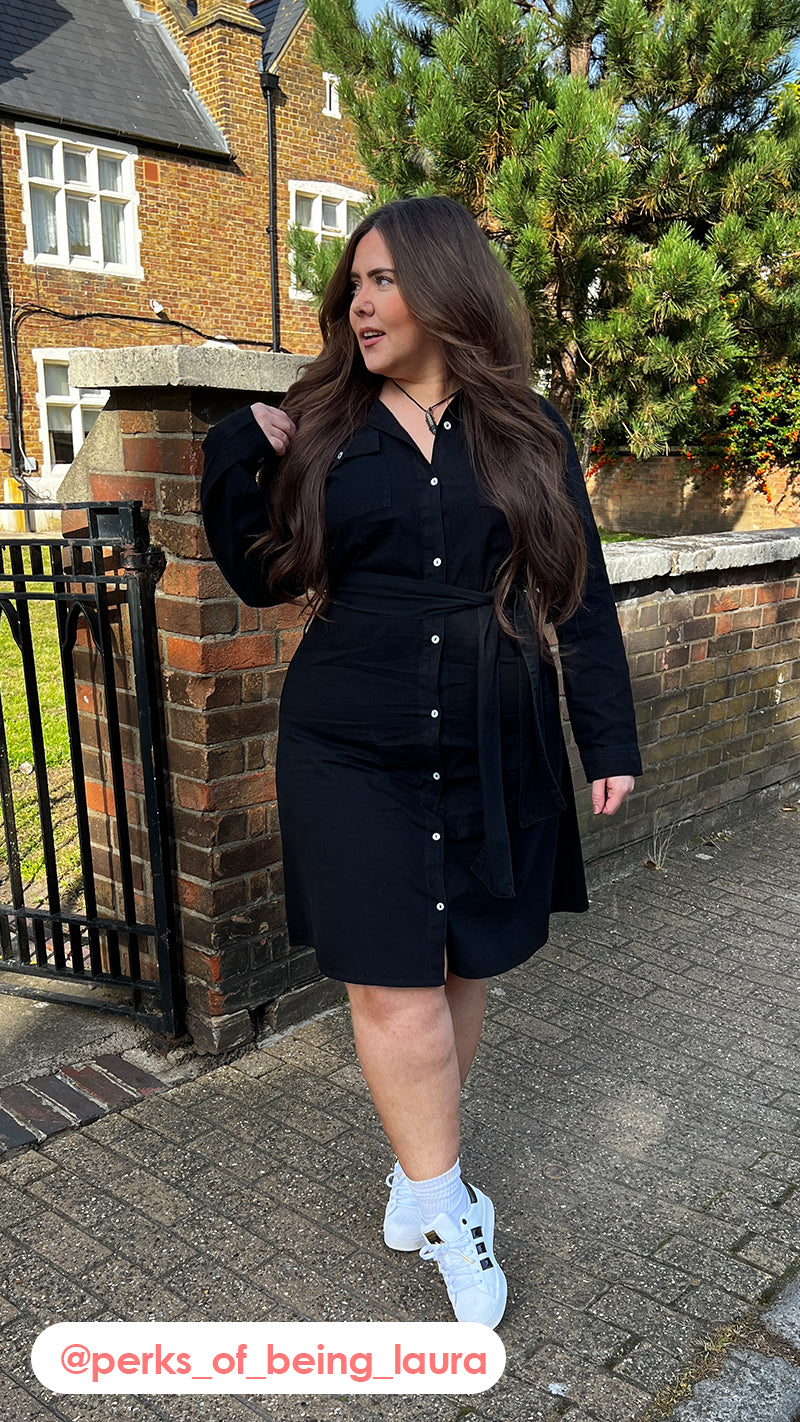CurveWow Denim Belted Oversized Shirt Dress Black Wash Curvewow CurveWow Denim Belted Oversized Shirt Dress Black Wash Curvewow