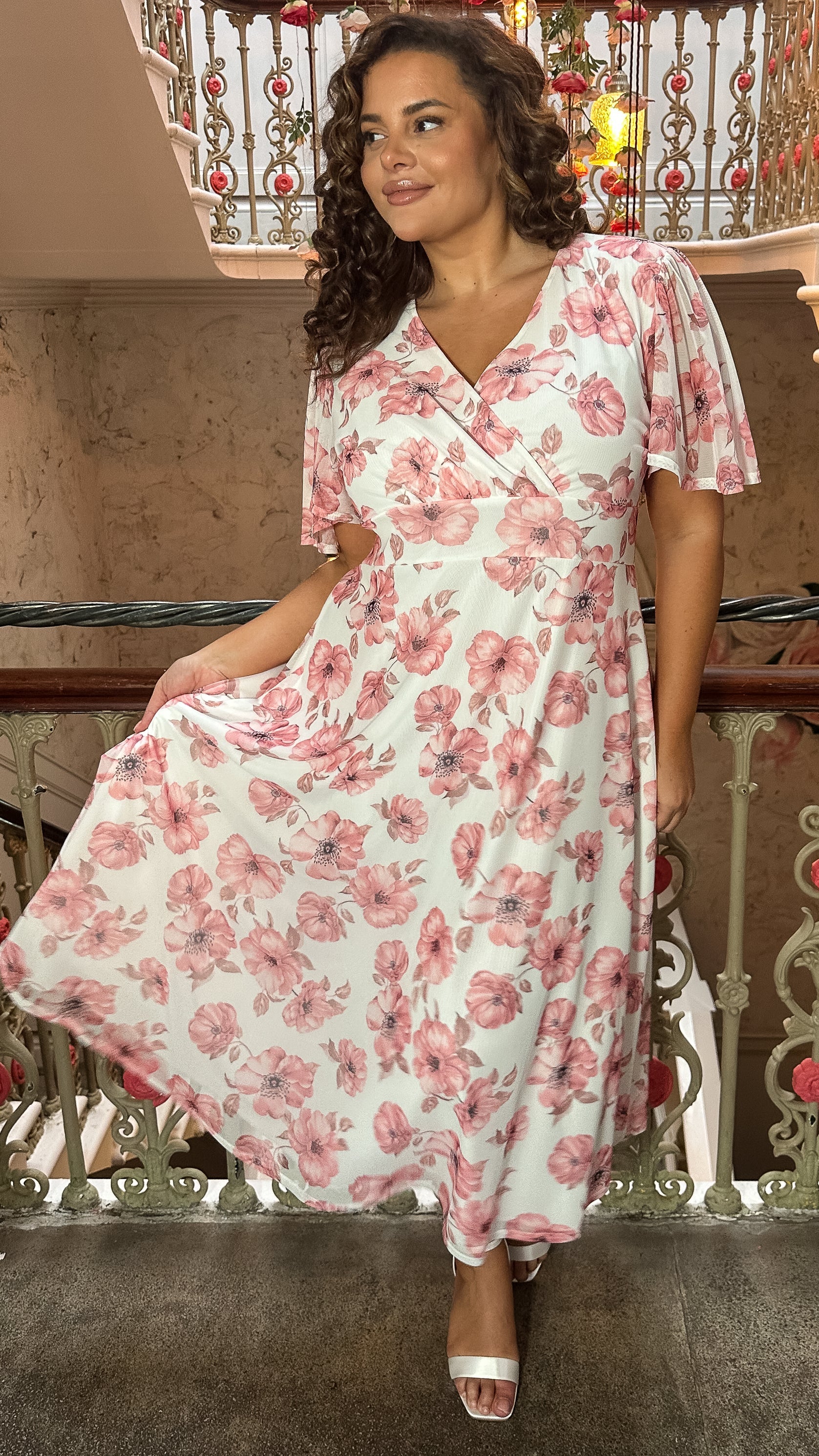 CurveWow Petite Mesh Angel Sleeve Dress Pink Floral