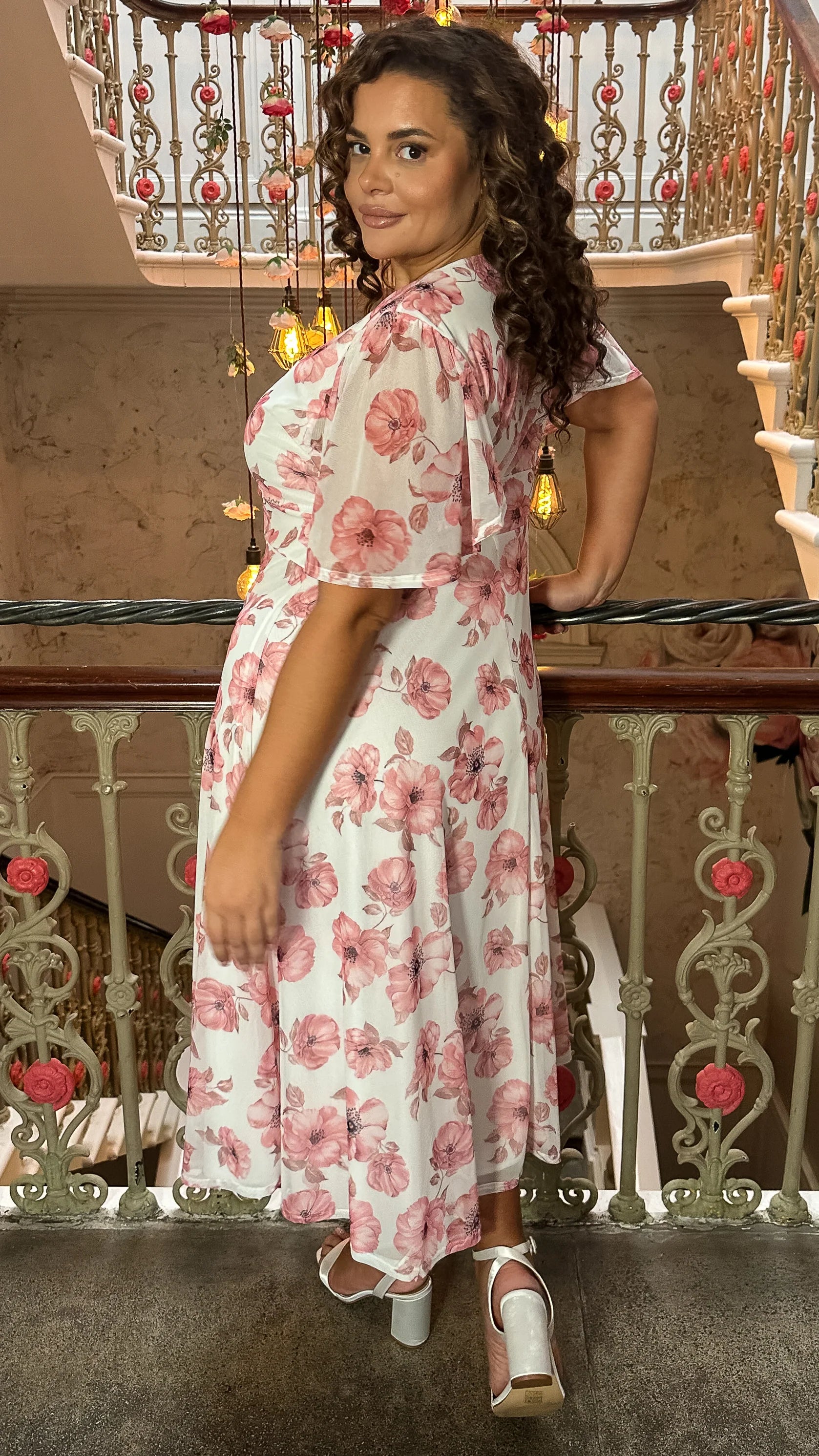 CurveWow Petite Mesh Angel Sleeve Dress Pink Floral