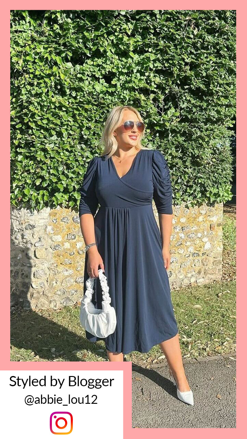 CurveWow 3/4 Balloon Sleeve Wrap Midi Dress Navy