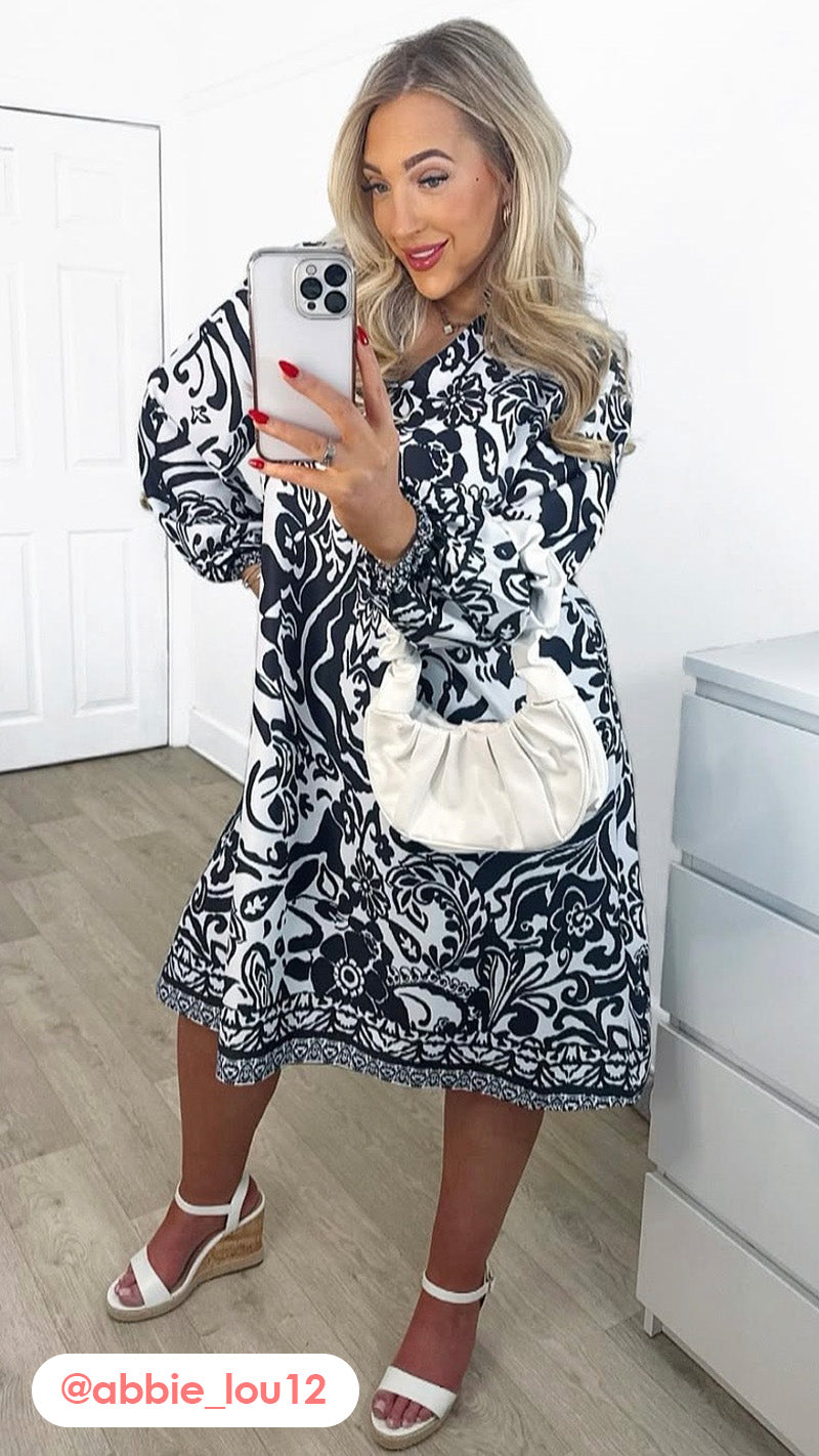 CurveWow Collarless Smock Dress Black Tile