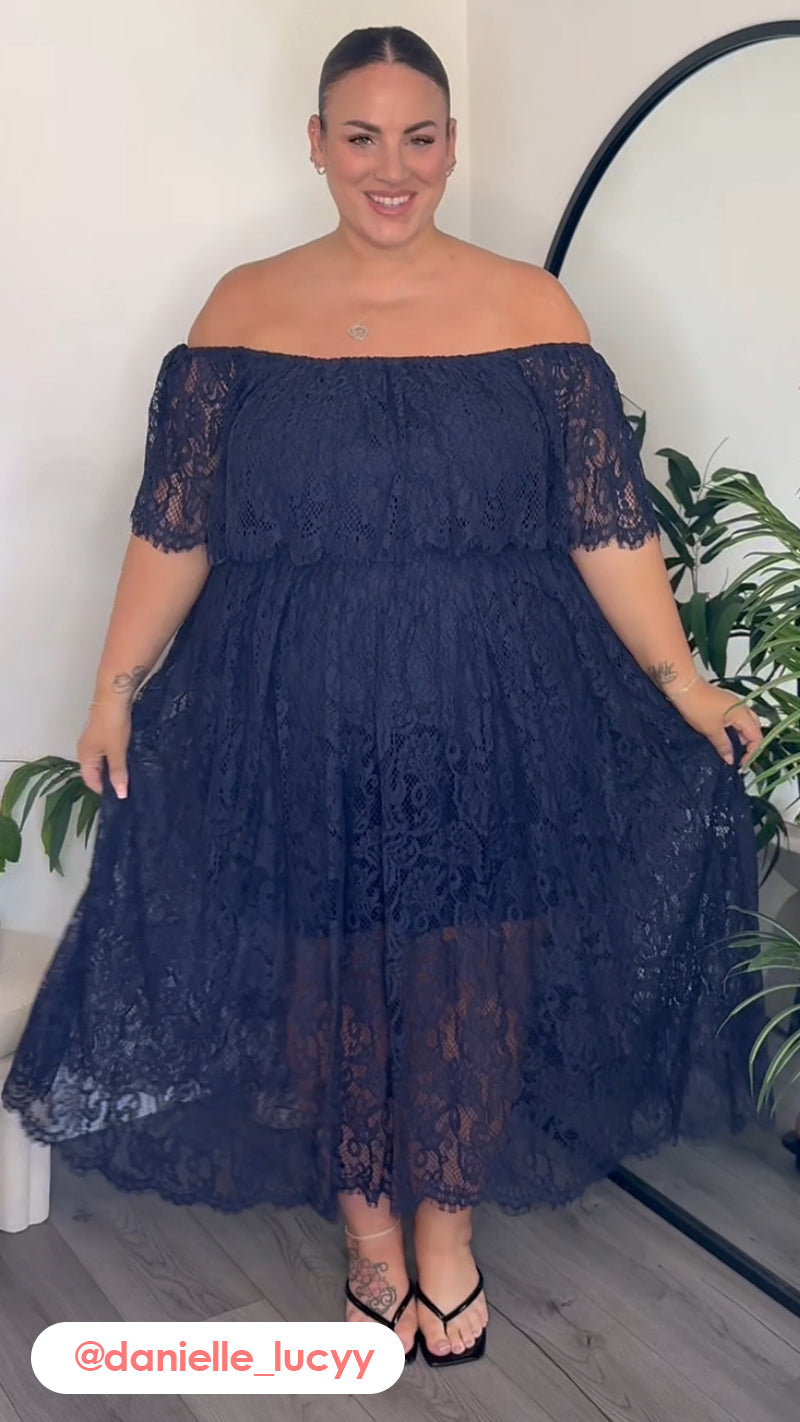 CurveWow Lace Bardot Maxi Dress Navy Curvewow CurveWow Lace Bardot Maxi Dress Navy Curvewow