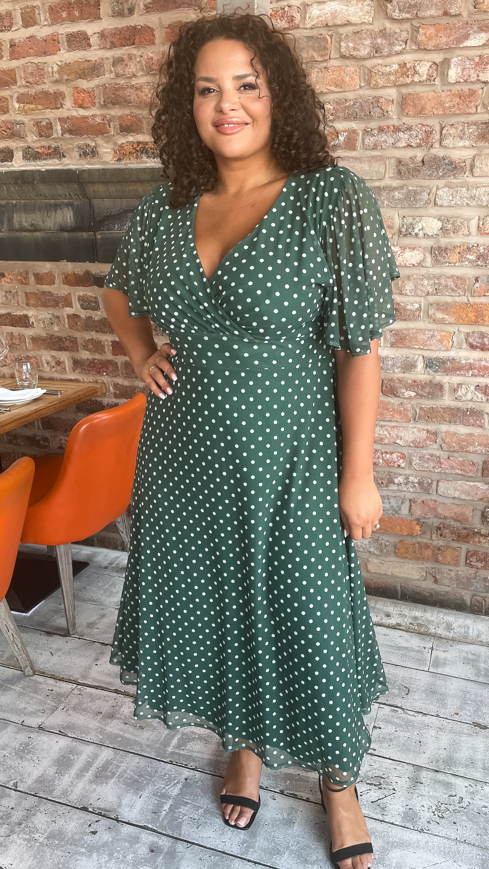 CurveWow Petite Mesh Angel Sleeve Dress Green Spot Curvewow CurveWow Petite Mesh Angel Sleeve Dress Green Spot Curvewow