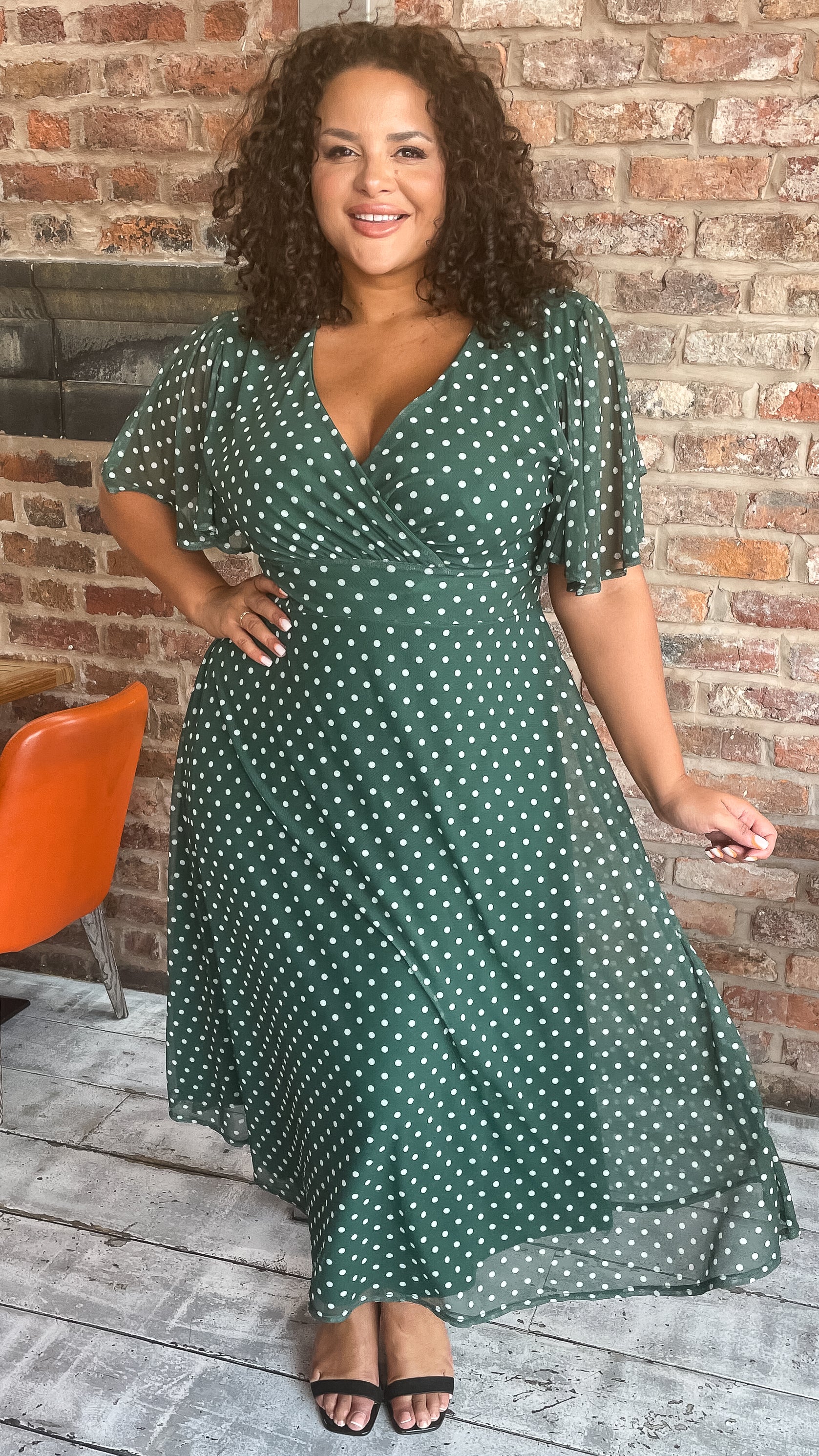 CurveWow Petite Mesh Angel Sleeve Dress Green Spot