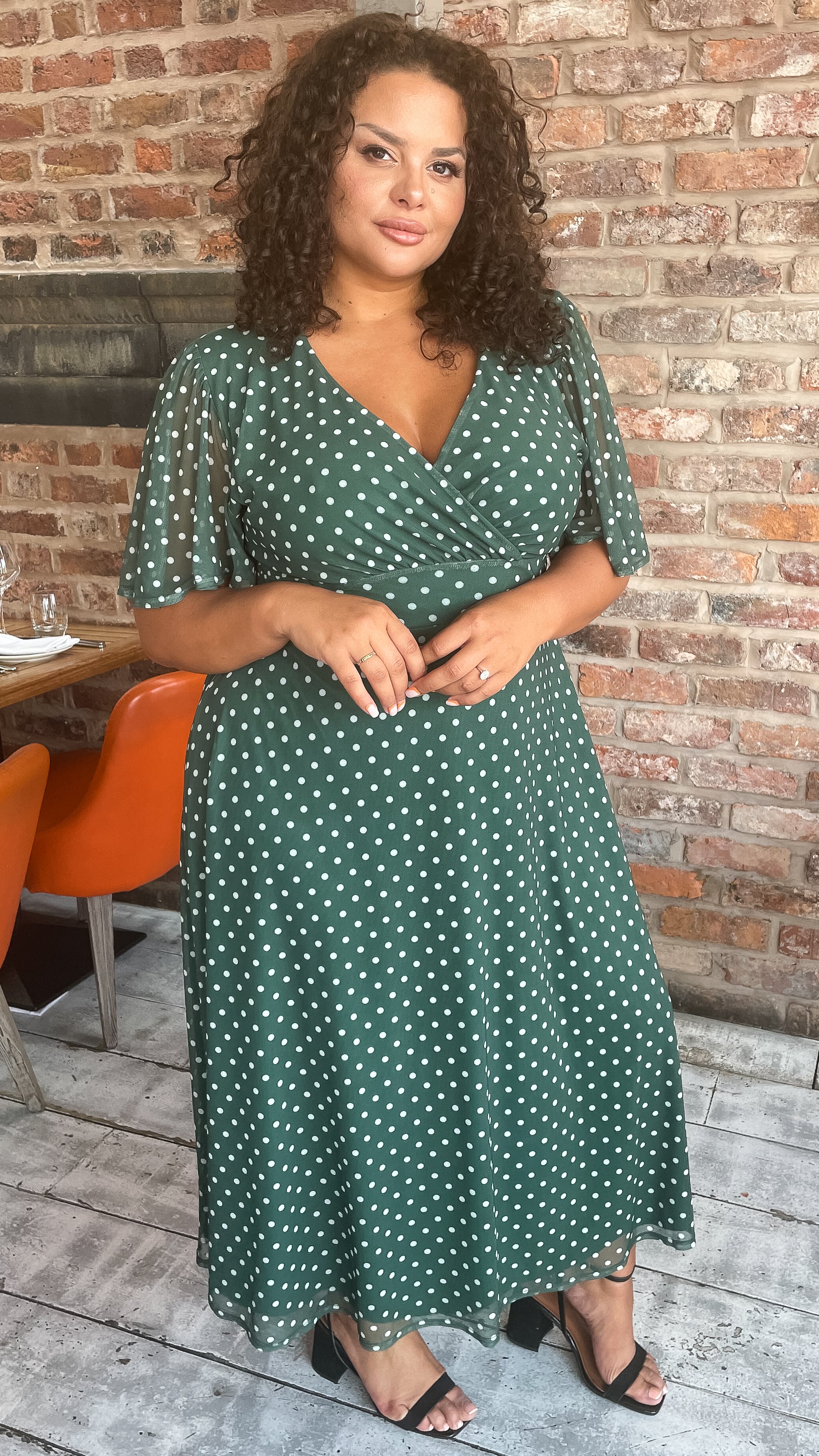 CurveWow Petite Mesh Angel Sleeve Dress Green Spot Curvewow CurveWow Petite Mesh Angel Sleeve Dress Green Spot Curvewow