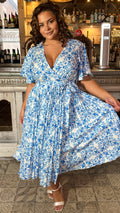CurveWow Short Sleeve Pleated Wrap Dress Blue Print