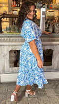 CurveWow Short Sleeve Pleated Wrap Dress Blue Print