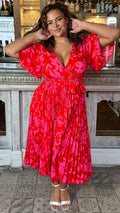 CurveWow Short Sleeve Pleated Wrap Dress Red Print