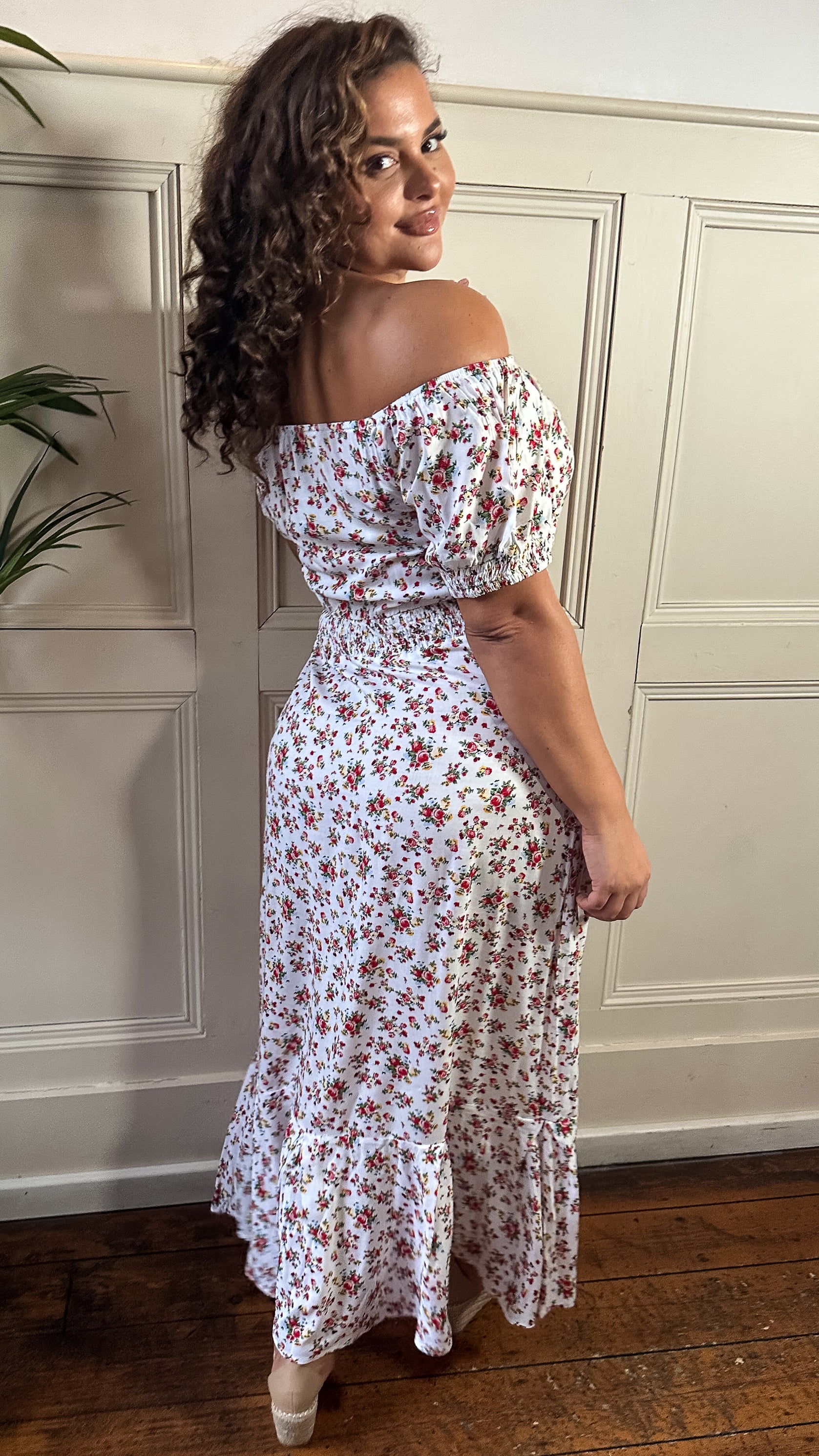 CurveWow Bardot Maxi Dress White Ditsy Floral