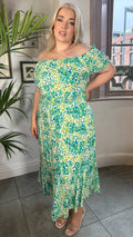 CurveWow Bardot Midi Dress Turquoise Ditsy Floral
