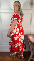CurveWow Bardot Midi Dress Red/Orange Floral