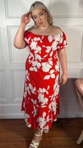 CurveWow Bardot Midi Dress Red/Orange Floral