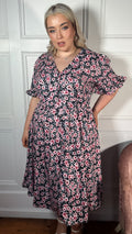 CurveWow Button Through Dress Black Pink Ditsy Floral