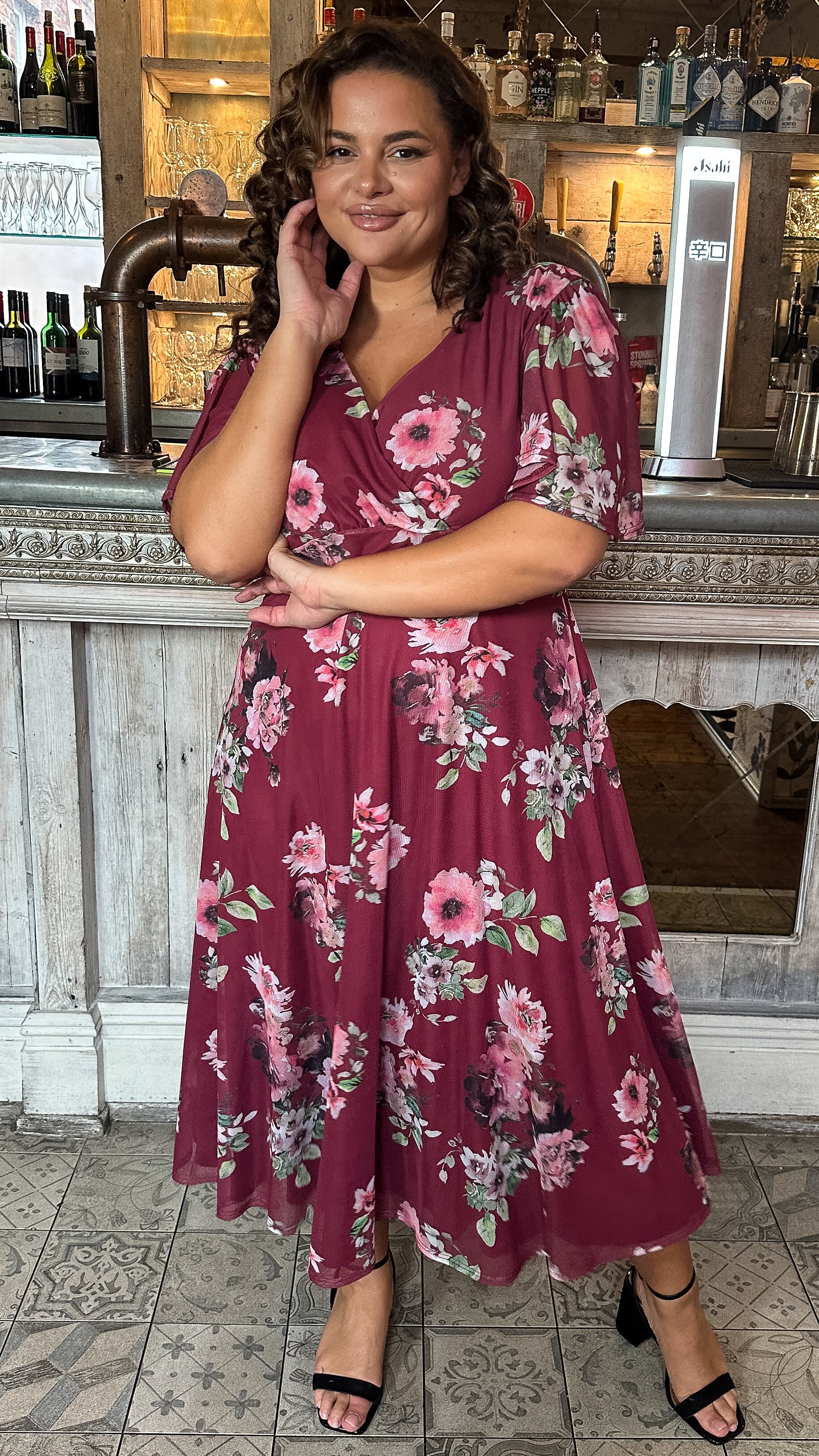 CurveWow Mesh Angel Sleeve Dress Wine Multi Floral