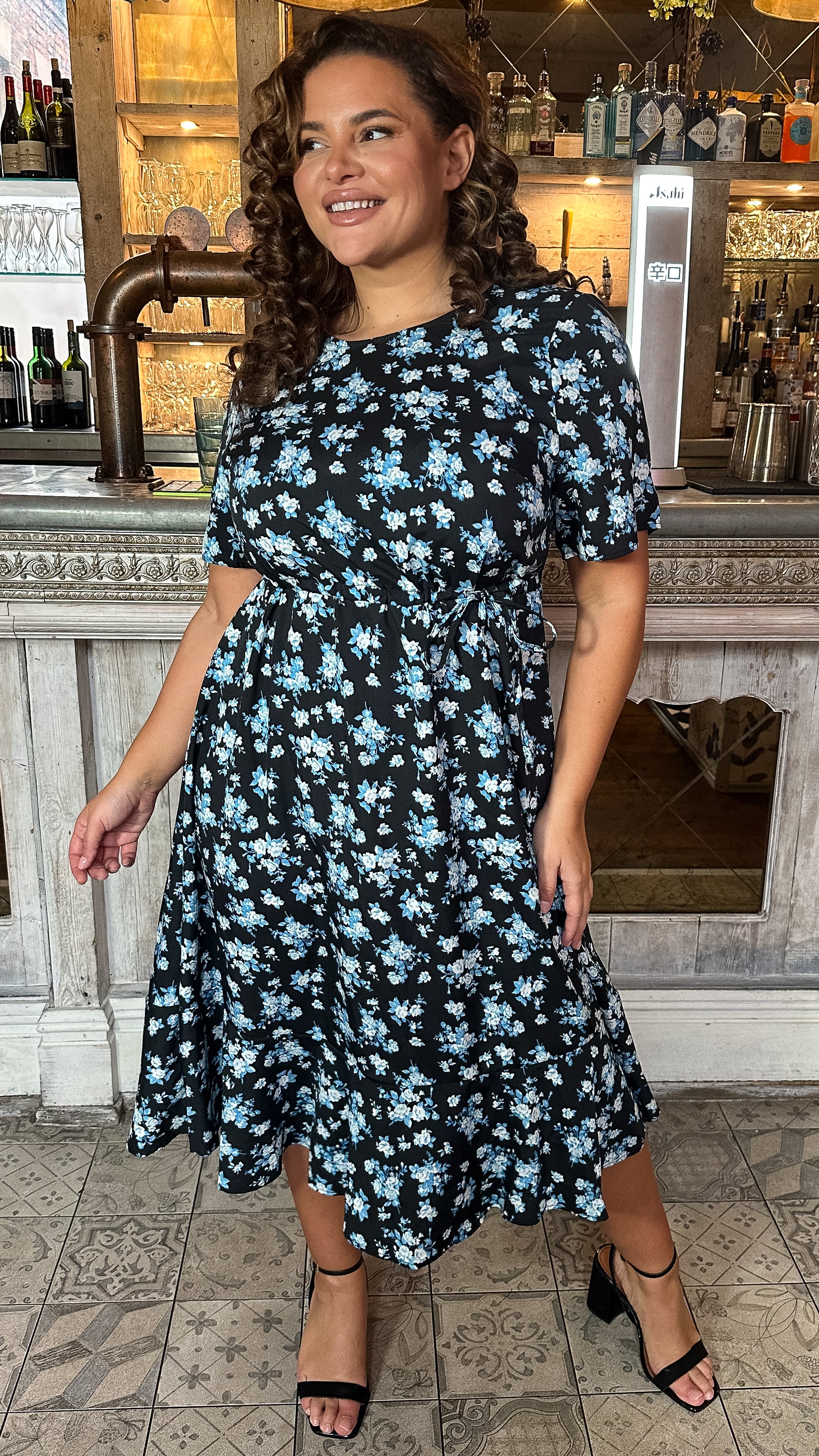 CurveWow Frill Hem Midi Dress Black Blue Floral Curvewow CurveWow Frill Hem Midi Dress Black Blue Floral Curvewow