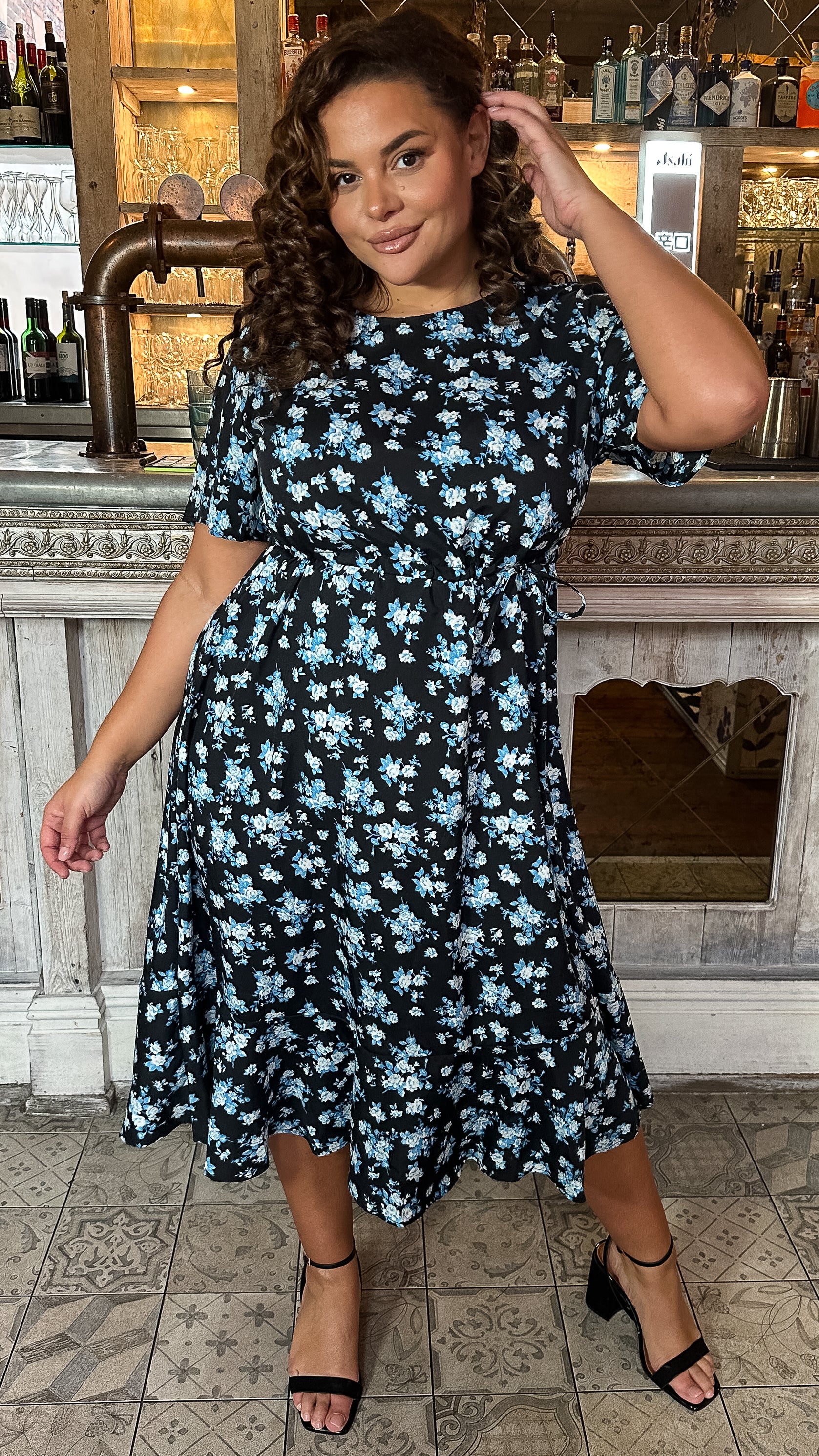 CurveWow Frill Hem Midi Dress Black Blue Floral