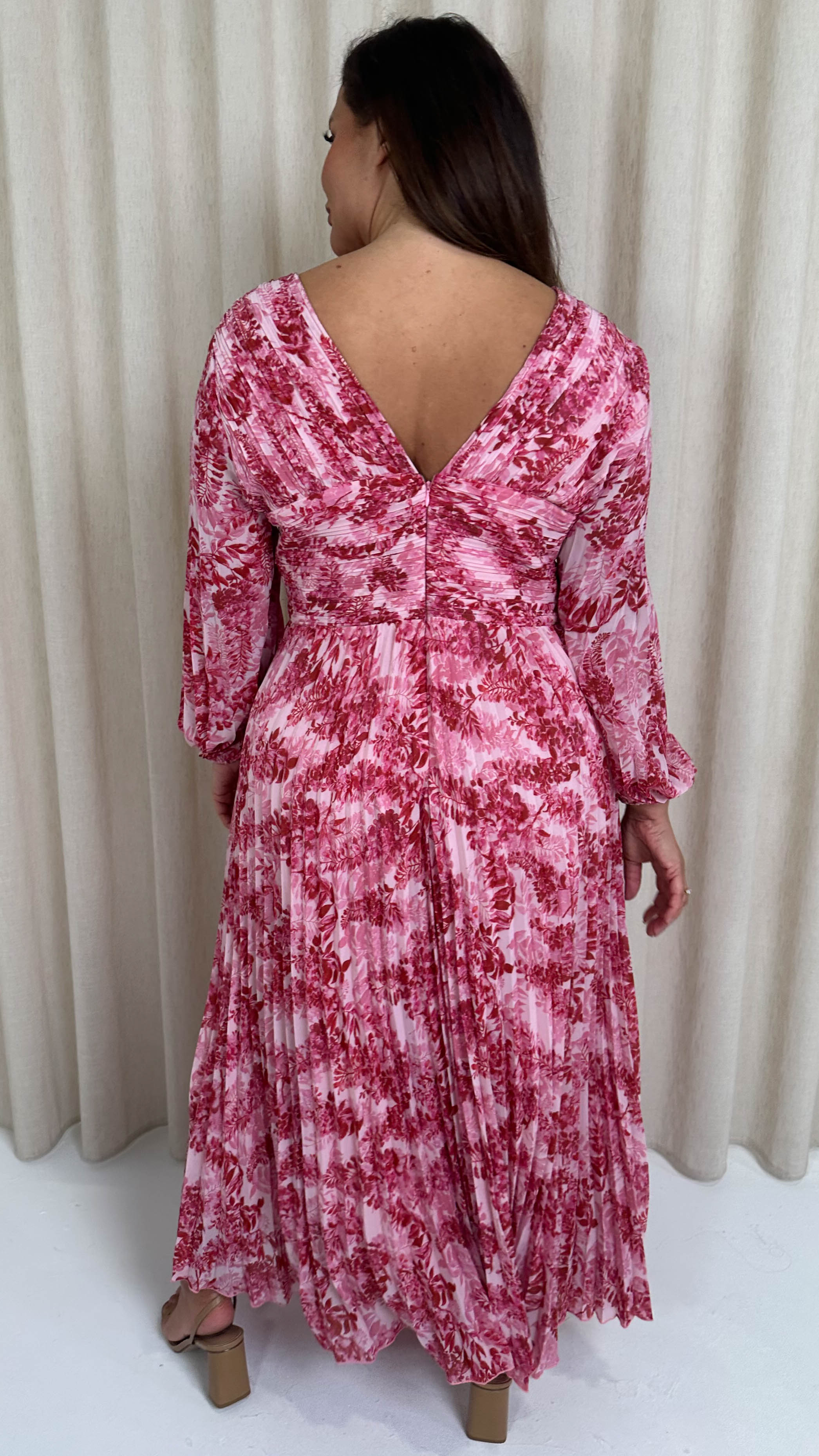 CurveWow Pleated Wrap Maxi Dress Pink/Red Floral