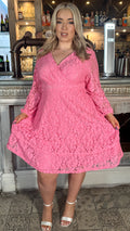 CurveWow Lace Plunge Ruffle Skater Dress Pink
