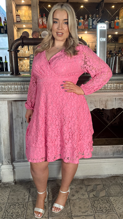 CurveWow Lace Plunge Ruffle Skater Dress Pink