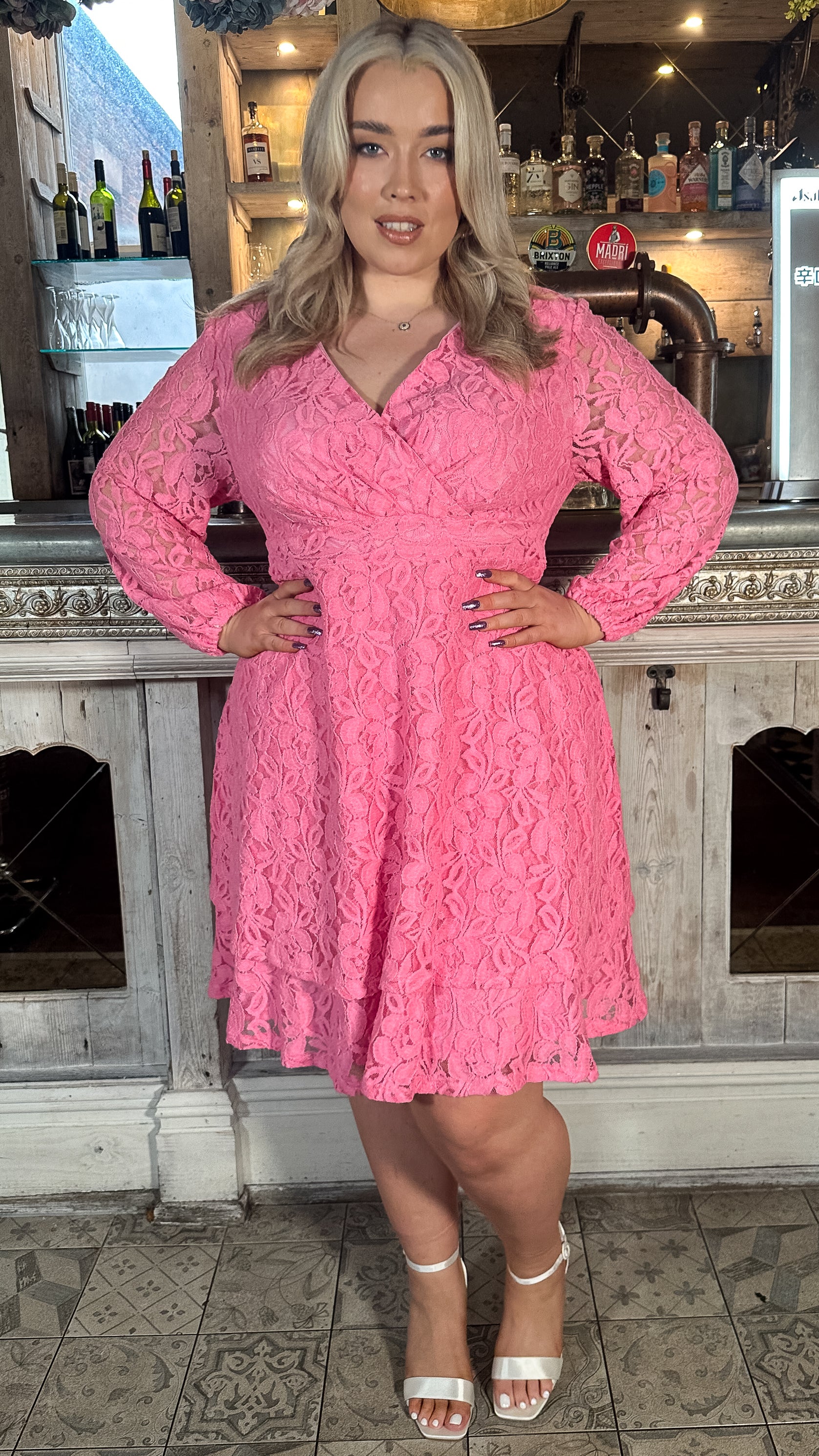 CurveWow Lace Plunge Ruffle Skater Dress Pink